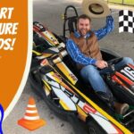 Thumbnail with orange panel reading 'GO-CART ADVENTURE FOR KIDS!', cartoon cowboy, and a man in a go-kart waving a hat beside checkered flags on a road.