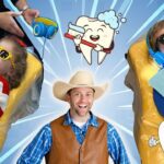 Fun dentist-themed scene with two kids in dental chairs and a smiling man in a cowboy hat in the center, cartoon teeth decorations everywhere