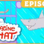 Child wearing goggles stands inside a purple cage-like frame on a bright blue background, reaching toward a cartoon shark as bold 'Imagine That!' text appears in a cloud banner at left.