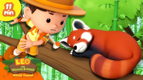 Cartoon boy wildlife ranger reaching toward a sleeping red panda on a jungle branch, with bright green bamboo in the background.