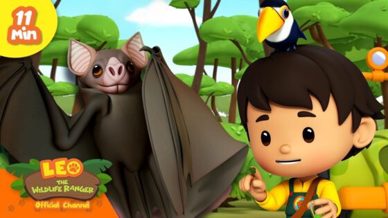 Animated boy wildlife ranger with a large bat in a jungle setting, parrot perched on his head, 11 Min badge in the corner.